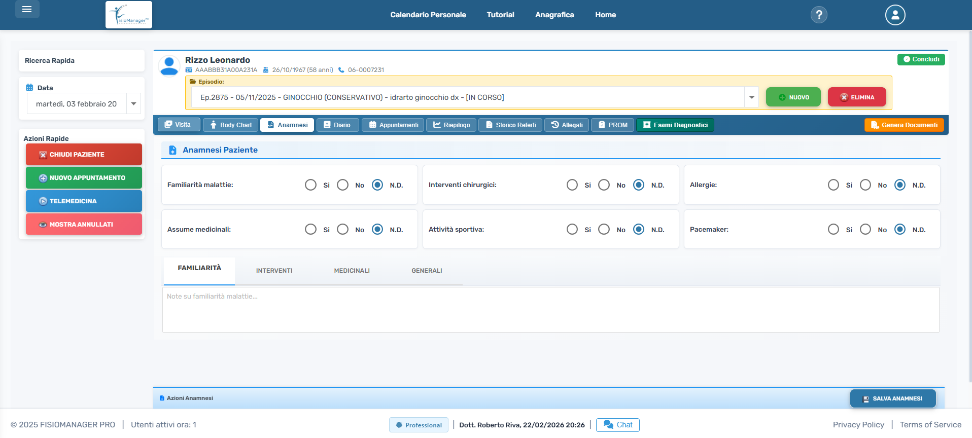 Anamnesi paziente con familiarita, farmaci e allergie