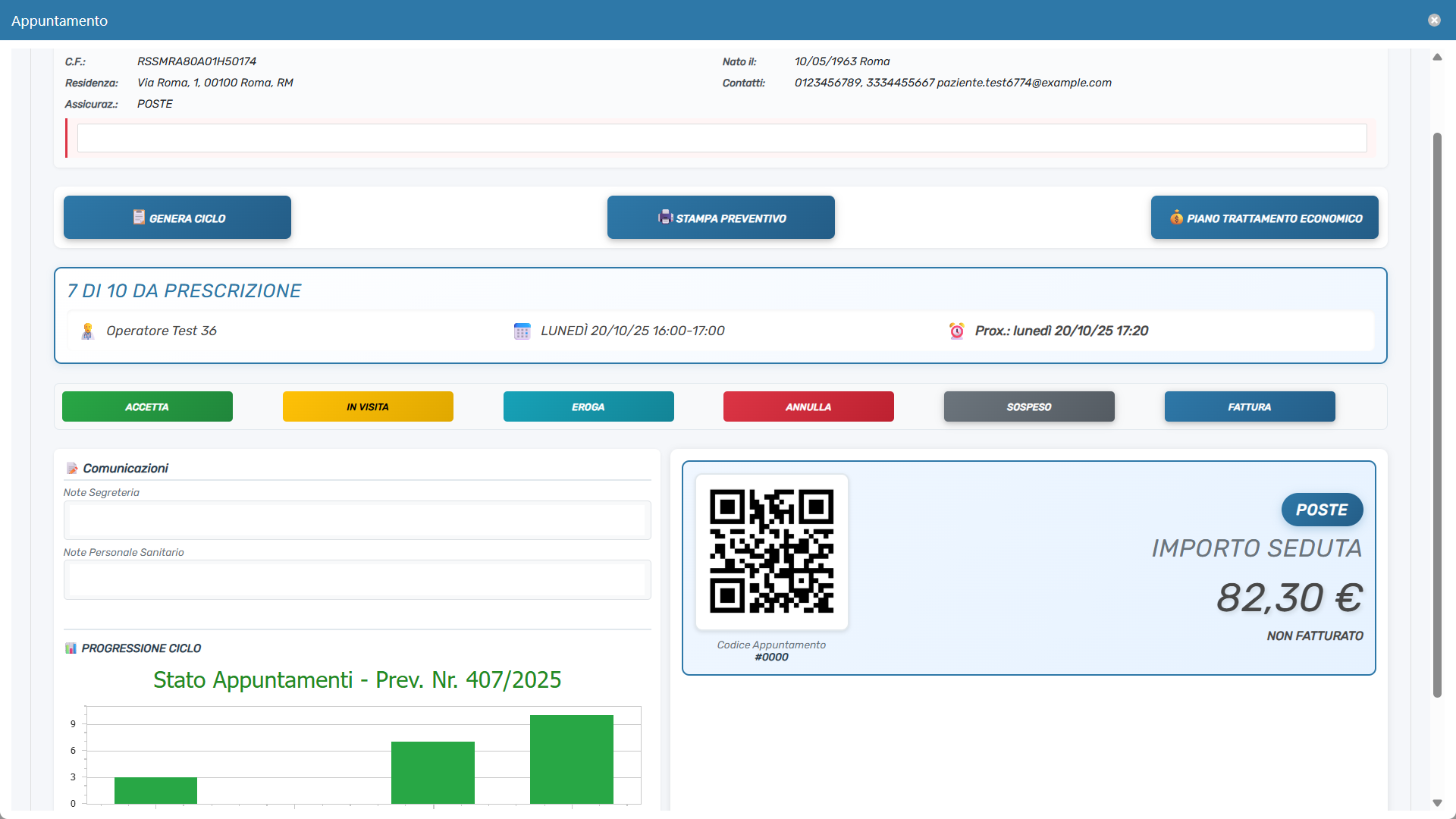 Dettaglio appuntamento con progressione ciclo e QR code
