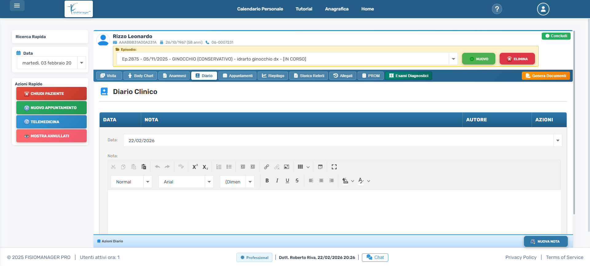 Diario clinico con editor avanzato per note di seduta