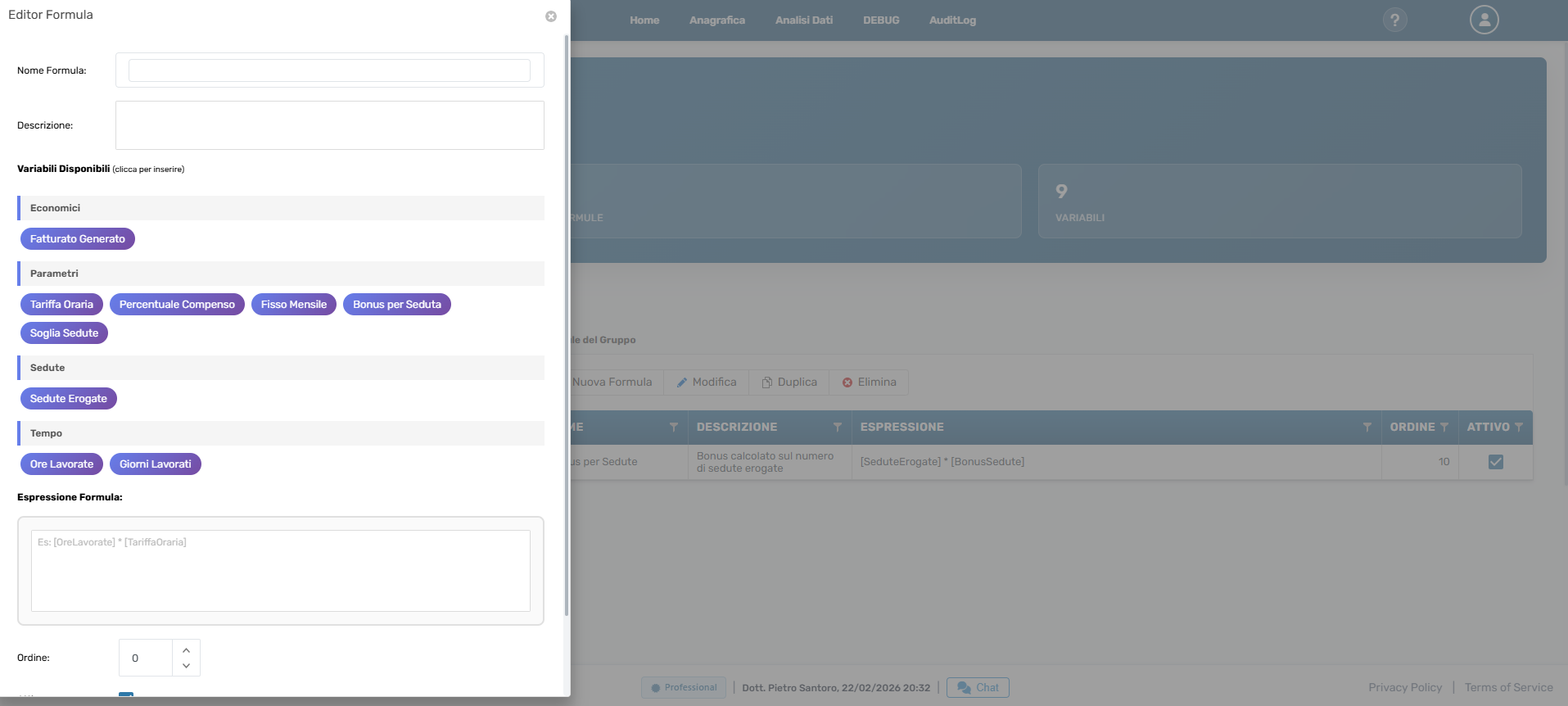 Editor formula per calcolo automatico compensi e variabili
