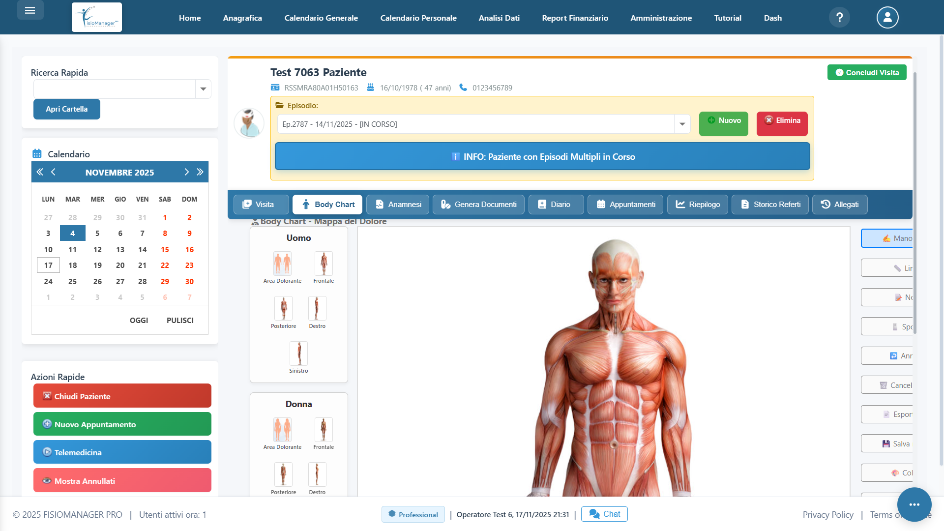 Scheda paziente con body chart e mappa del dolore