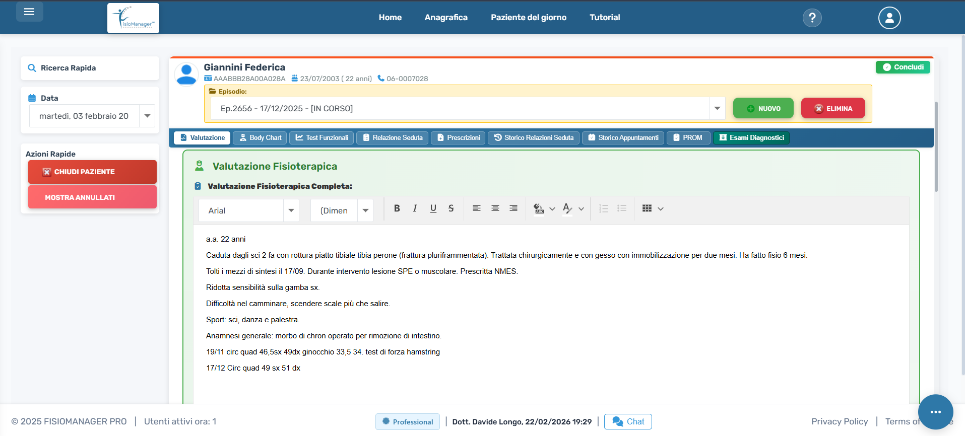 Valutazione fisioterapica con editor clinico avanzato
