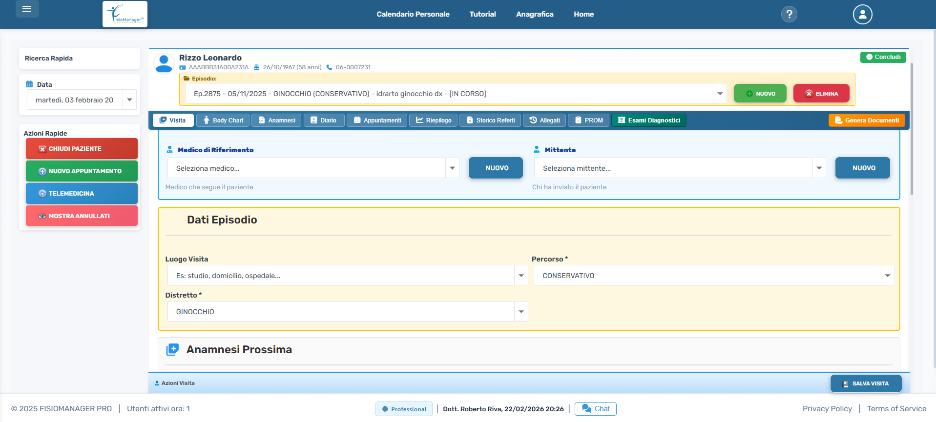 Scheda visita medica con dati episodio e anamnesi
